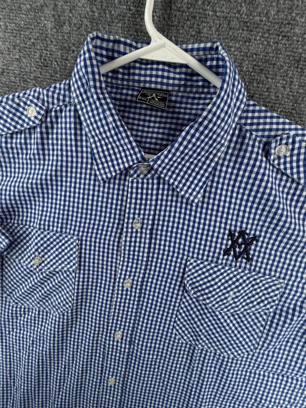 AVIREX 2XL Blue Check Pockets Button Up Shirt Short Sleeve Embroidered Logo